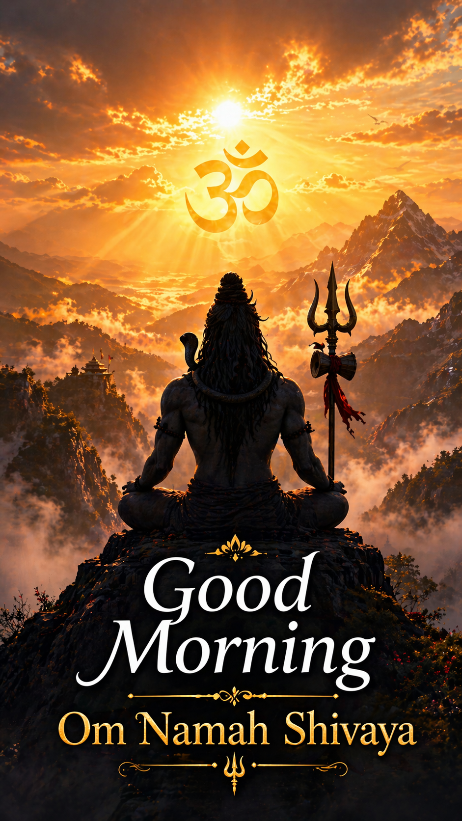 Good morning image Lord Shiva meditating on mountain Om symbol sunrise Om Namah Shivaya
